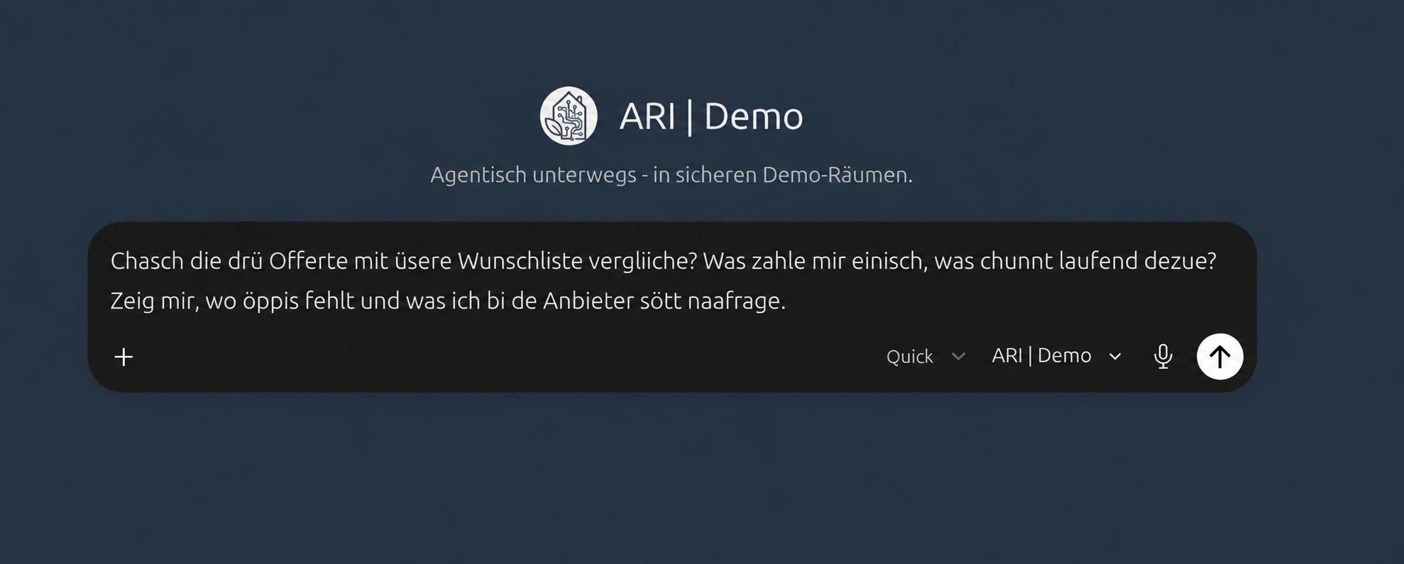 NIKARI Demo-Oberfläche mit einer auf Schweizerdeutsch eingegebenen Aufgabe zum Vergleich dreier Offerten